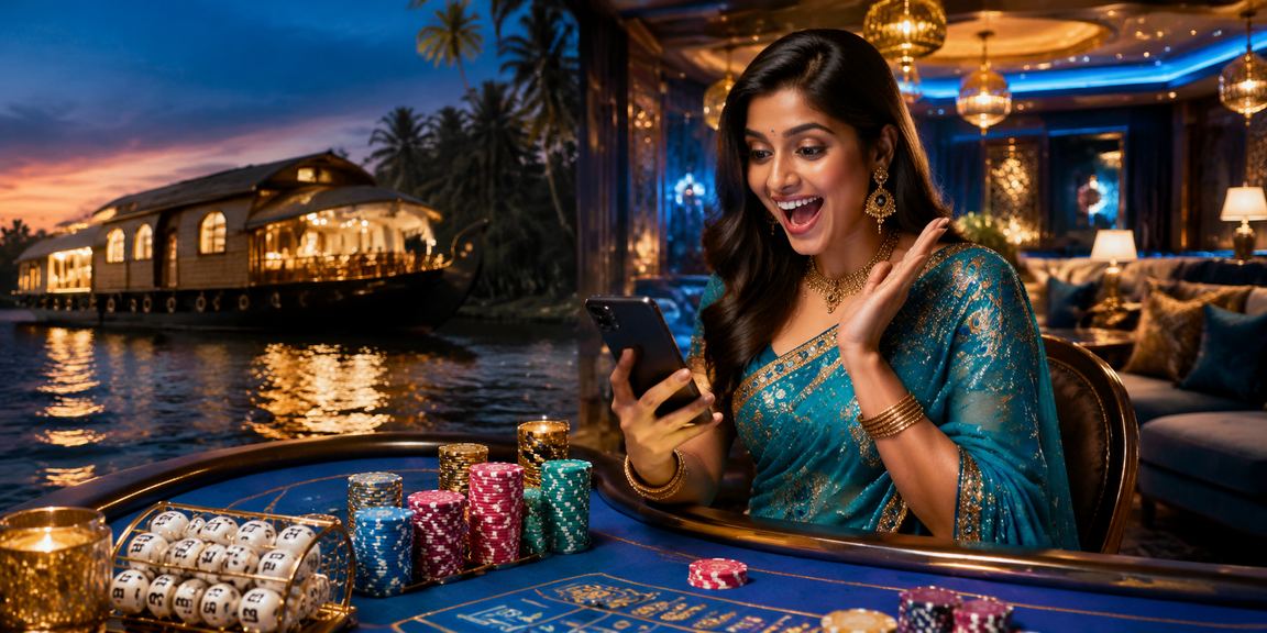 Indian woman playing lottery on mobile by Kerala backwaters in traditional saree